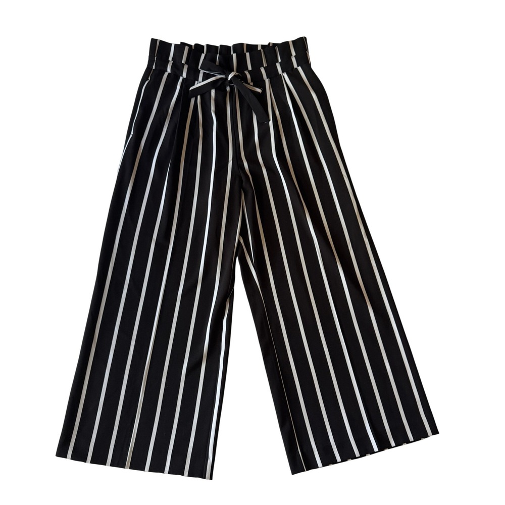 NY&Co Striped High Waist Wide Leg Paperbag Pants M Black White Palazzo Career